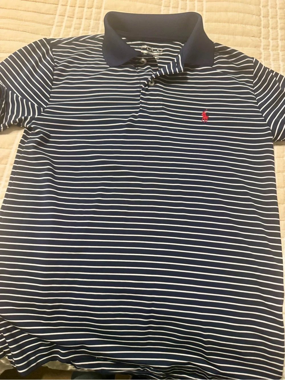Ralph Lauren Navy & White Striped Polo with Red Pony